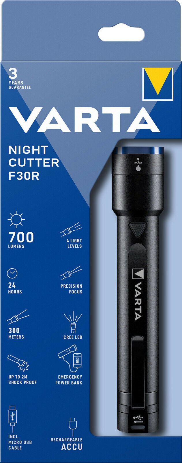 VARTA Night Cutter F30R - wiederaufladbare Taschenlampe inkl. Micro-USB