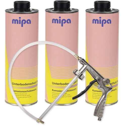 Mipa Unterbodenschutz Wax Set, 3 Stück, je 1000 ml + Druckluft-Pistole