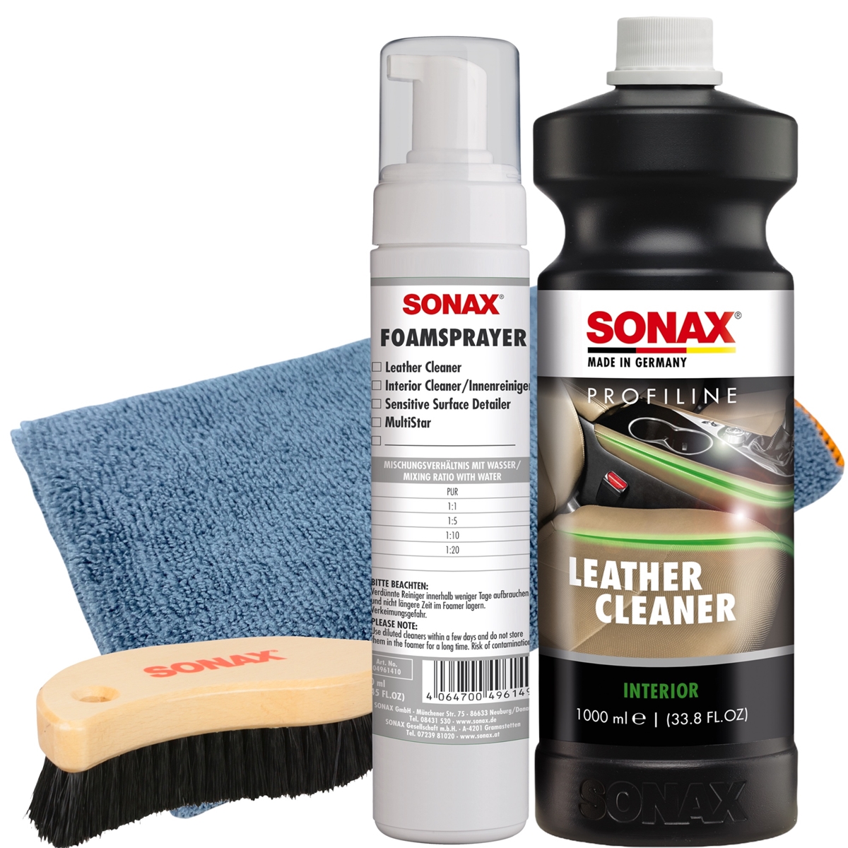 Sonax Profiline Leather Cleaner - Set mit Foamsprayer, Textilbürste & -tuch