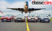 Alfa Romeo 164 Q4, Audi V8, Lancia Thema 8.32 und Renault Safrane Biturbo fahrend von vorne