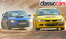 Mitsubishi Lancer Evo VIII und Subaru Impreza WRX STi fahrend von vorne