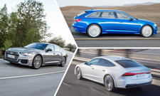 Audi A6 (2018); fahrend von vorne rechts/Audi A6 Avant (2018); fahrend von der rechten Seite/Audi A7 Sportback (2018); fahrend von hinten links 