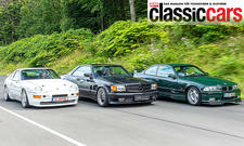 Porsche 968 Turbo S/Mercedes 560 SEC AMG/BMW M3 GT fahrend von schräg vorne