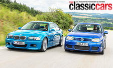 BMW M3 (E46) und VW Golf R32 fahrend von vorne