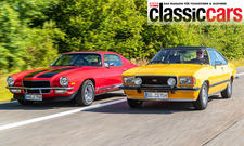 Chevrolet Camaro und Opel Commodore B GS fahrend von schräg vorne