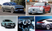 Hyundai Ioniq 9, Mercedes CLA, Renault 4 E-Tech Electric, Alpine A390_ß und Tesla Model Y Facelift sind in einer Collage abgebildet.