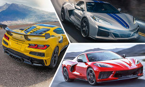 Chevrolet Corvette C8 Kollage mit Stingray in rot unten rechts, ZR1 in gelb links und E-Ray in silber oben rechts