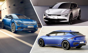 Eine Collage aus den Facelift-Modellen (2024) von Kia EV6 GT Facelift, Kia EV6 und Kia EV6 GT-Line.