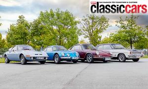 Der Opel GT 1900/Alpine A110/Porsche 912/Ford Capri 2000 GT von vorne stehend fotografiert.