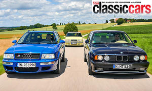 Der Audi RS2 Avant, Volvo 850 T-5R und BMW M5 Touring (E34) fahrend von vorne fotografiert.