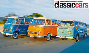 Mercedes O 319 D, Borgward BO 611 und VW Bus T2a fahrend von vorne