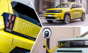 Fiat Grande Panda; Kollage aus einer Fahraufnahme und zwei Detailaufnahmen