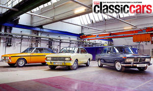 Der Ford 17M RS, Opel Commodore 2500 und BMW 2000 TII statisch von schräg vorne fotografiert.