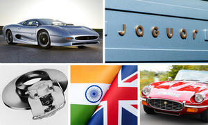 Collage aus dem Jaguar XJ220, dem neuen Jaguar-Schriftzug 2024, der Scheibenbremse des C-Type, zweier Flaggen von Indien und England und dem E-Type