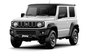 Suzuki Jimny von vorne links, Bild in Graustufen dargestellt.