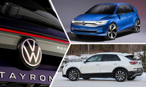 Eine Collage aus einem Detailfoto des VW Tayron, einer offiziellen Illustration des VW ID.2 und einem Erlkönigfoto des VW T-Roc.