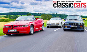 Alfa Romeo R.Z., Porsche 944 S2 Cabrio und BMW M3 Cabrio fahrend von vorne