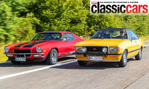 Chevrolet Camaro und Opel Commodore B GS fahrend von schräg vorne