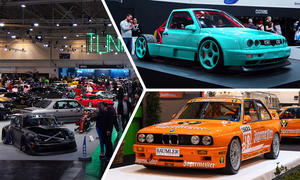 Essen Motor Show 2024: Collage von verschiedenen Autos auf einer Indoor-Tuningmesse.