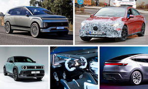 Hyundai Ioniq 9, Mercedes CLA, Renault 4 E-Tech Electric, Alpine A390_ß und Tesla Model Y Facelift sind in einer Collage abgebildet.