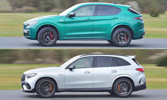 Alfa Romeo Stelvio Quadrifoglio Q4/Mercedes-AMG GLC 63 S E Performance; dynamisch von der linken Seite