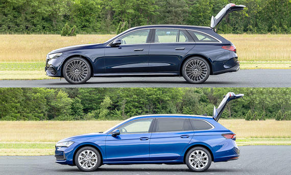 Mercedes E-Klasse T-Modell/Skoda Superb Combi; von der linken Seite; Kofferraumklappe offen