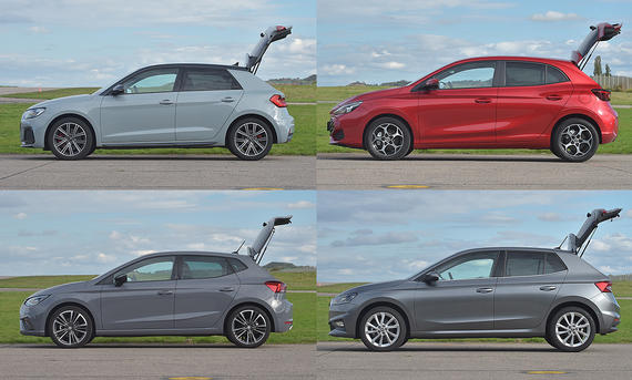 Collage von Audi A1, MG3, Seat Ibiza und Skoda Fabia, mit geöffnetem Kofferraum von der linken Seite fotografiert. 