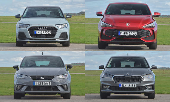 Collage von Audi A1, MG3, Seat Ibiza und Skoda Fabia, statisch von vorne fotografiert.