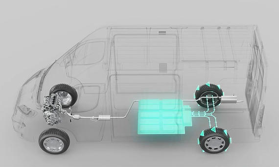 Das Bild zeigt die eine Durchsicht des Hybridantriebs des Chausson X550 ElectriX.