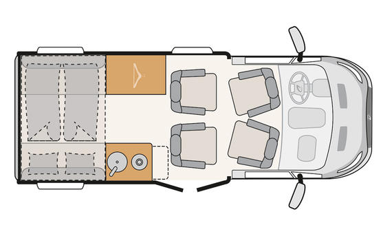 Das Bild zeigt die Grundrisszeichnung des Dethleffs Yoka Go T1 (2024).