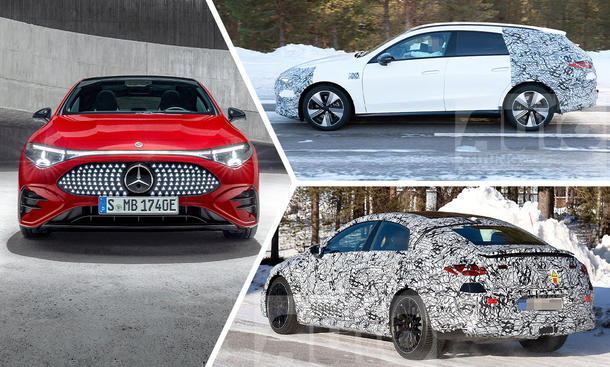 Eine Collage zeigt den Mercedes CLA (2025) als Serienmodell sowie die Shooting Brake- und AMG-Varianten als Erlkönige.