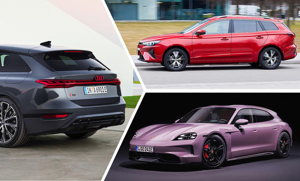 Eine Collage zeigt Audi A6 Avant e-tron, MG5 und Porsche Taycan Sport Turismo.