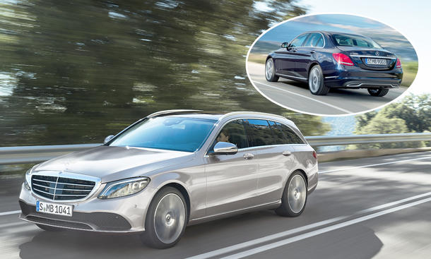 Collage dynamischer Fotos von Mercedes C-Klasse T-Modell (2018) und Mercedes C-Klasse (2014)