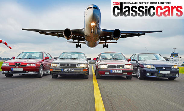 Alfa Romeo 164 Q4, Audi V8, Lancia Thema 8.32 und Renault Safrane Biturbo fahrend von vorne