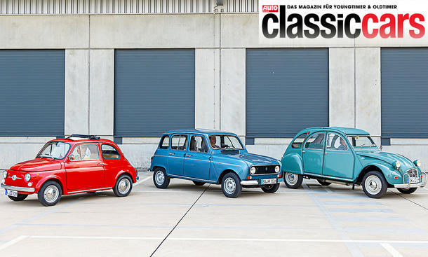 Fiat 500,Renault 4 und Citroën 2CV statisch von schräg vorne fotografiert.