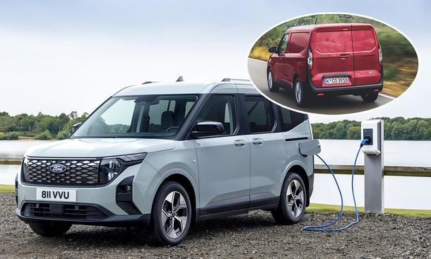 Eine Collage zeigt Ford E-Tourneo Courier und Transit Courier.