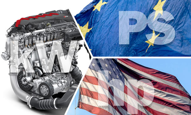 Eine Collage aus einem Automotor, einer Europaflagge und einer USA-Flagge, die mit Schriftzügen der Leistungseinheiten kW, PS und hp versehen ist.