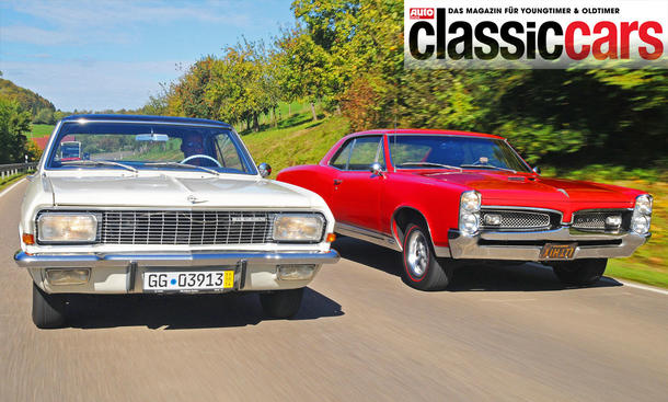 Opel Diplomat V8 Coupe und Pontiac GTO fahrend von vorne