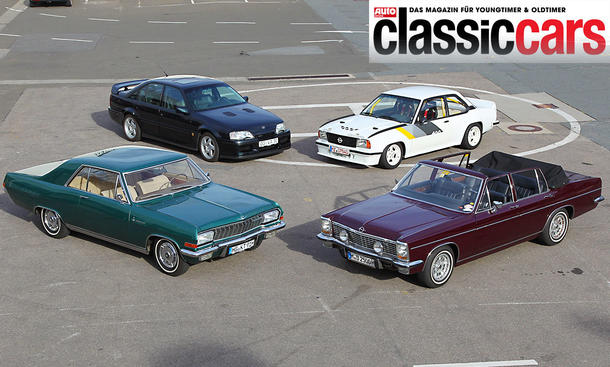 Opel Diplomat V8 Coupé, Diplomat E Cabrio, Ascona 400 und Lotus Omega statisch von schräg oben fotografiert.