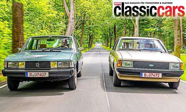 Der Peugeot 604 und Ford Granada II fahrend von vorne fotografiert.