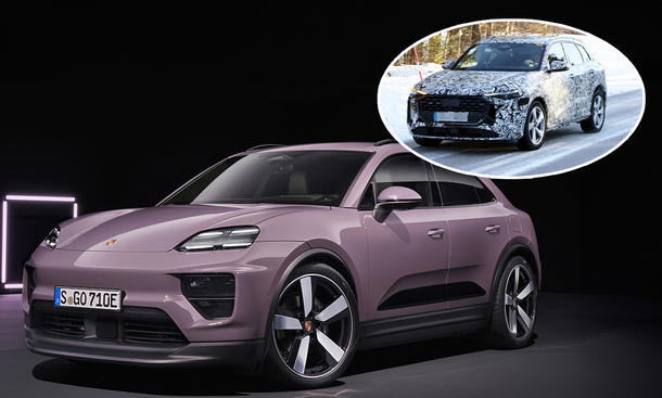 Der Porsche Macan Elektro (2024) und – eingeklinkt – Verbrenner (2026).