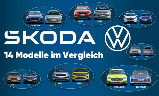 Skoda und VW im große Markenvergleich; Collage mit sieben Fahrzeugpaarungen