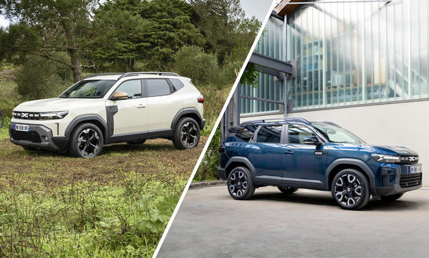 Der Dacia Duster und der Dacia Bigster nebeneinander in einer Collage.