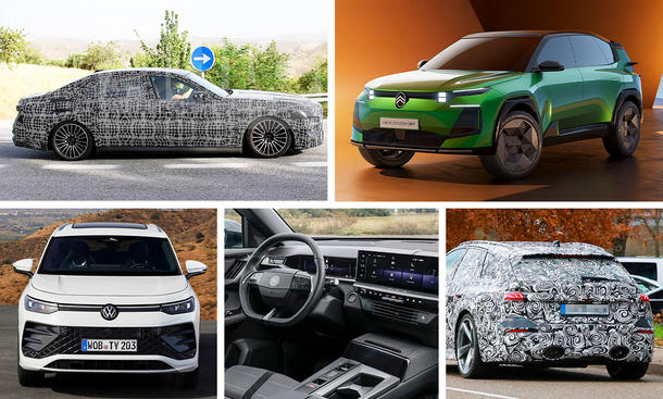 Eine Collage zeigt die PHEV-Neuheiten BMW 7er, Citroën C5 Aircross, VW Tayron, Opel Grandland und Audi RS 5.