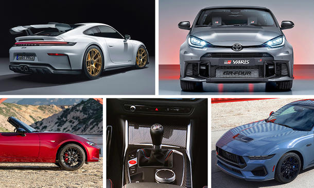 Eine Collage zeigt die handgeschalteten Sportwagen Porsche 911 GT3, Toyota GR Yaris, Mazda MX-5, BMW M2 und Ford Mustang.