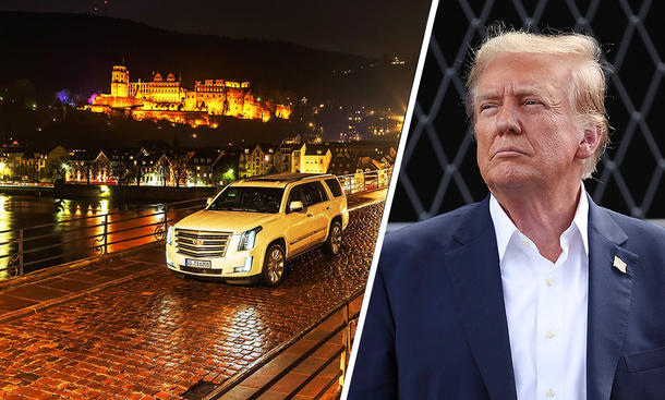 Der Cadillac Escalade am Schloss von Heidelberg; Collage mit Donald T. Trump.