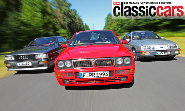 Audi Quattro, Lancia Delta HF und Ford Sierra XR4i fahrend von vorne