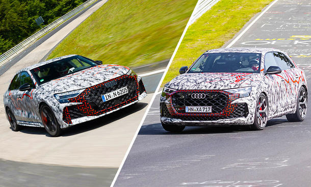 Collage des Audi RS3 und Audi RSQ8 während sie auf der Nordschleife fahren.