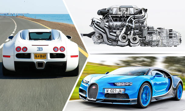 Fünf Fakten über Bugatti; Montage; Collage; Sportwagen; Supersportwagen; Hypercar; Motor; Antriebsstrang