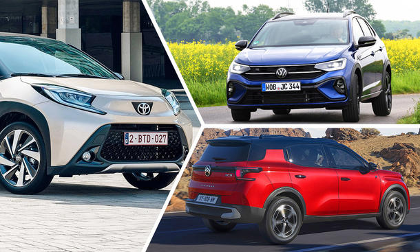 Die günstigsten SUV als Collage aus Toyota Aygo X, VW Taigo und Citroen C3 Aircross